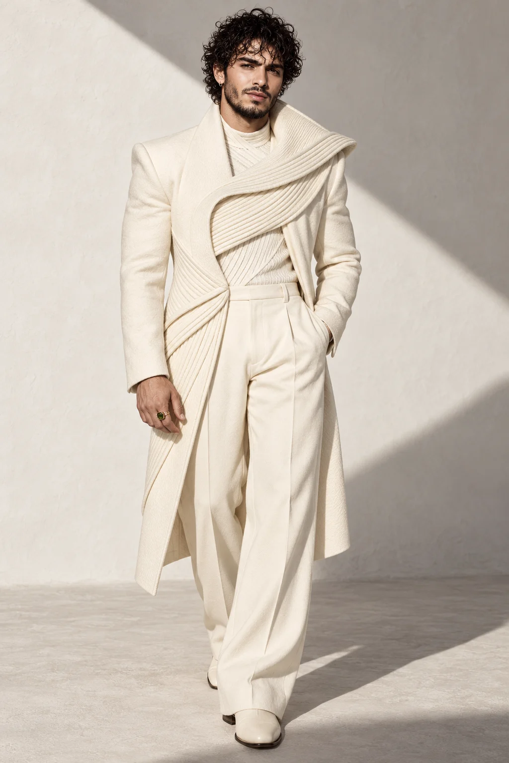 Teddy in a sculptural ivory coat and matching trousers, standing in soft diagonal sunlight.