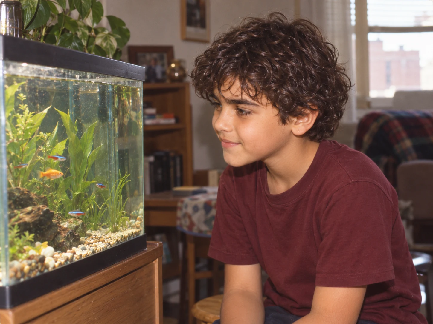 An imagined childhood snapshot of young Teddy watching fish in a home aquarium