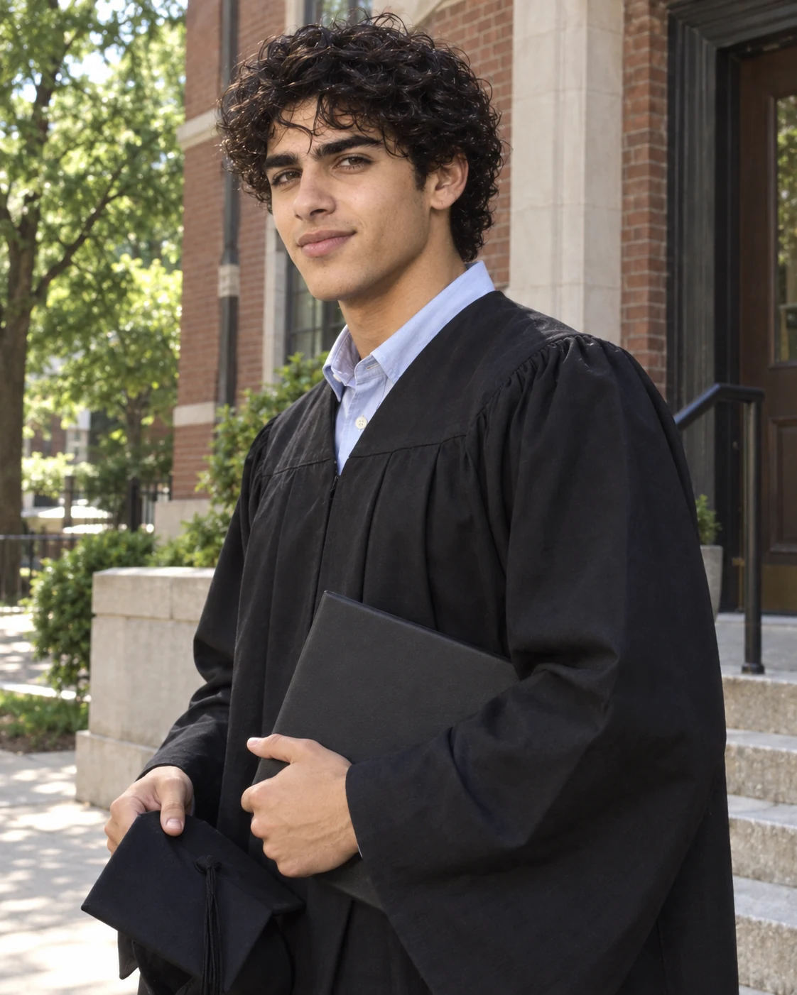 An imagined young-adult portrait of Teddy outdoors in a black graduation gown, holding a diploma folder