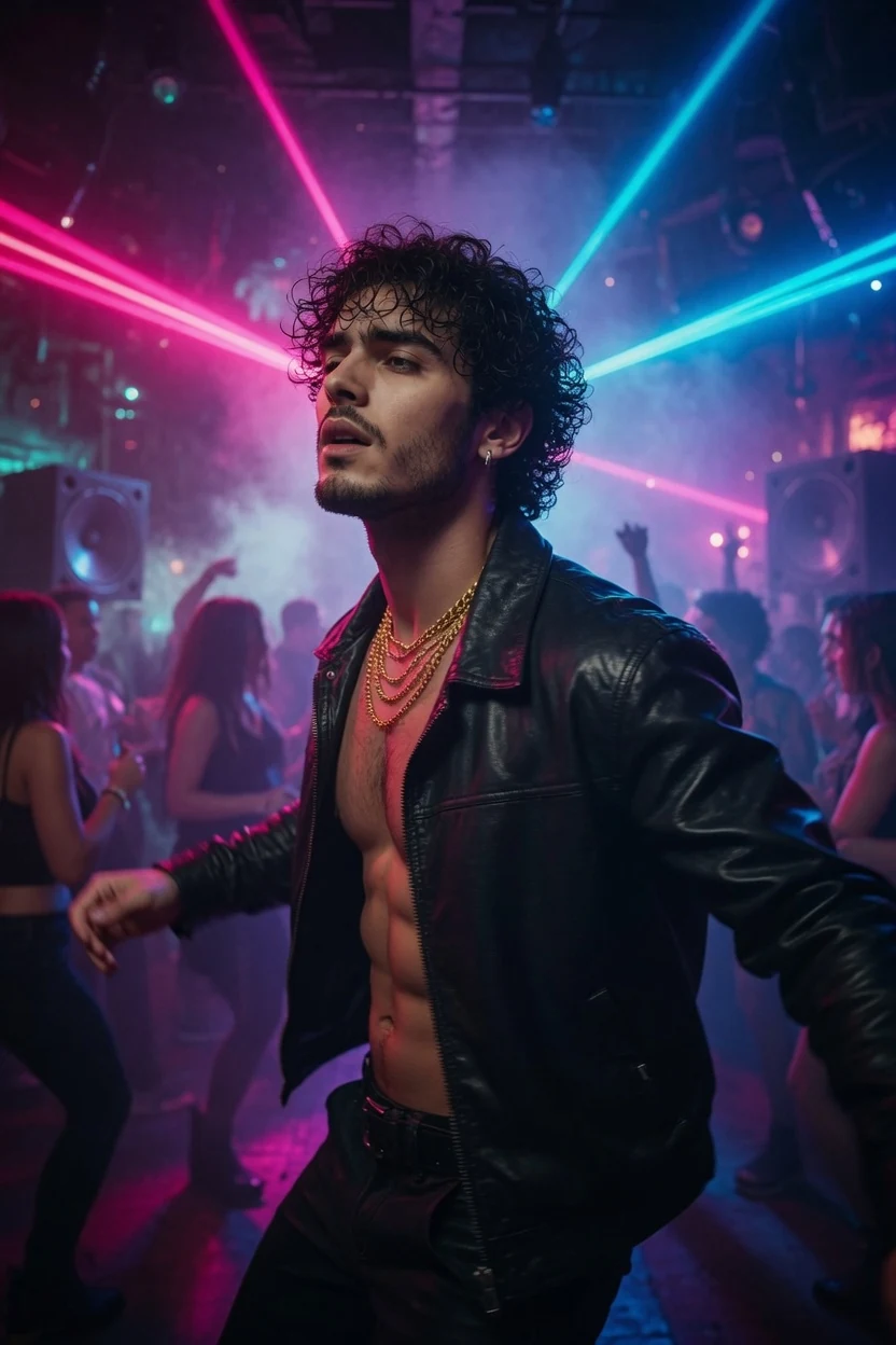 Teddy on a dance floor beneath pink and blue lights.