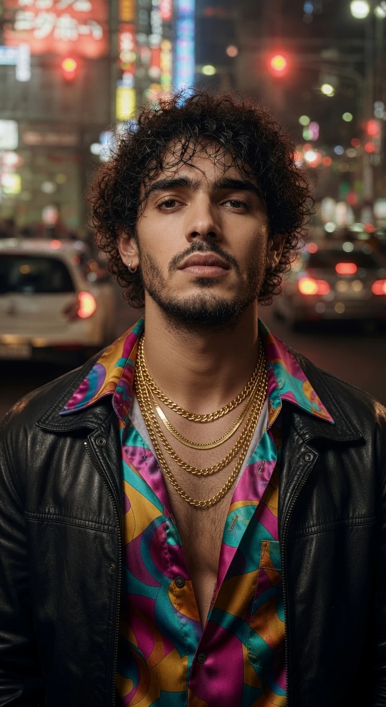 Teddy in a colorful shirt with city lights behind him.