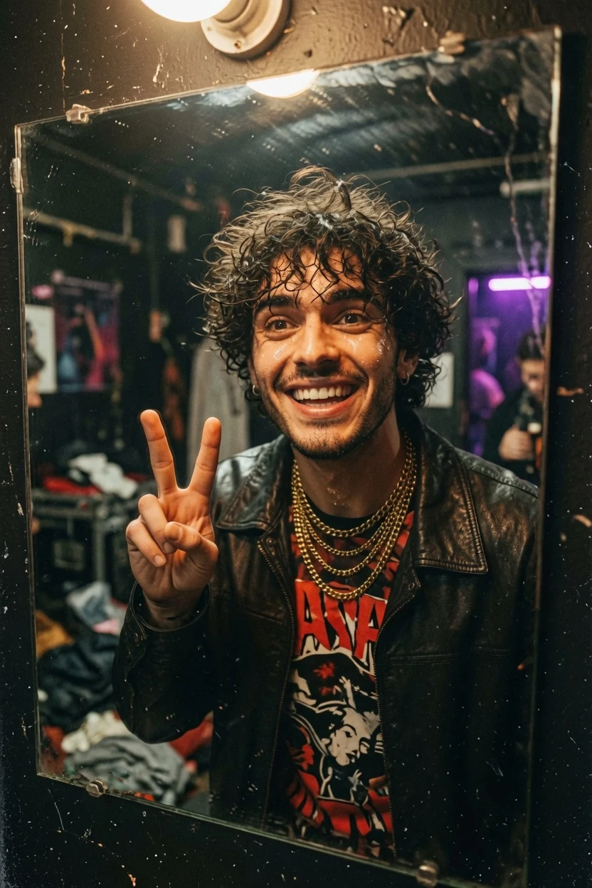 Teddy smiling in a dressing-room mirror and giving a peace sign.