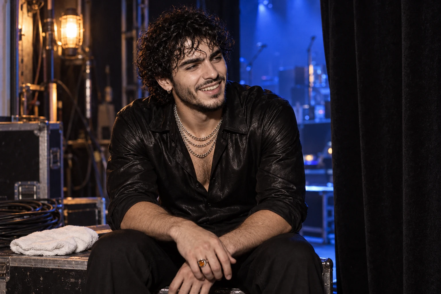 Teddy smiles beside a backstage curtain in warm and blue light