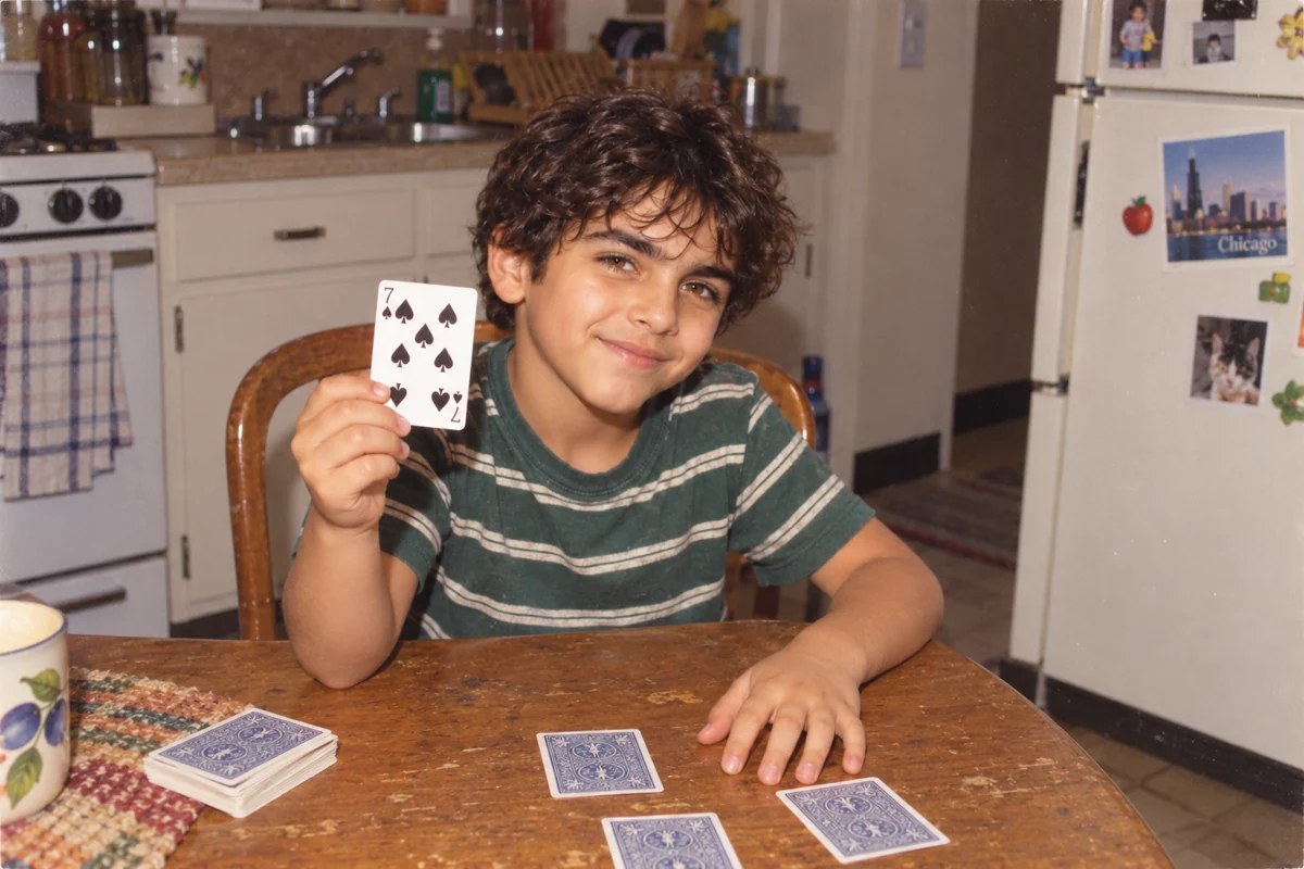 An imagined home snapshot of young Teddy showing a playing-card trick