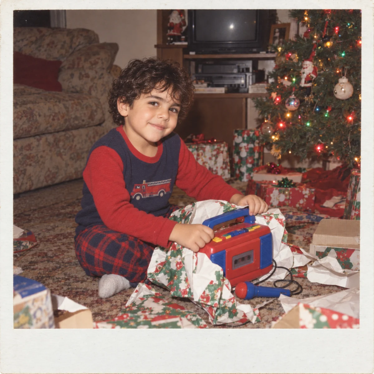 An imagined childhood Christmas snapshot of five-year-old Teddy opening a karaoke-machine gift
