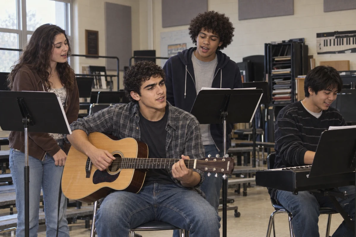 An imagined school rehearsal with younger Teddy on acoustic guitar