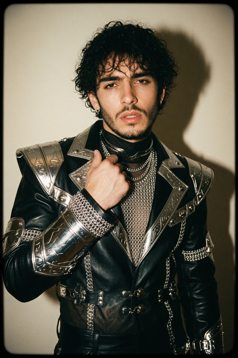 Teddy wearing a metallic jacket and layered necklaces.