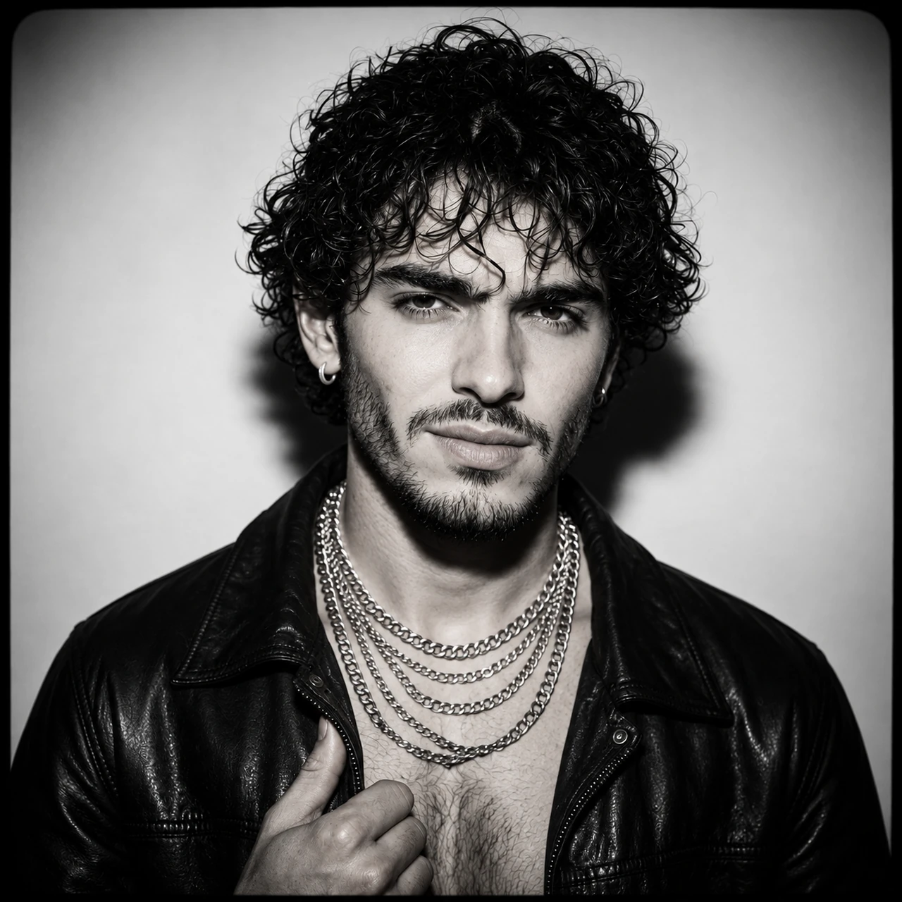 Black-and-white portrait of Teddy in a black leather jacket, with dark curls, hoop earrings and layered silver chains