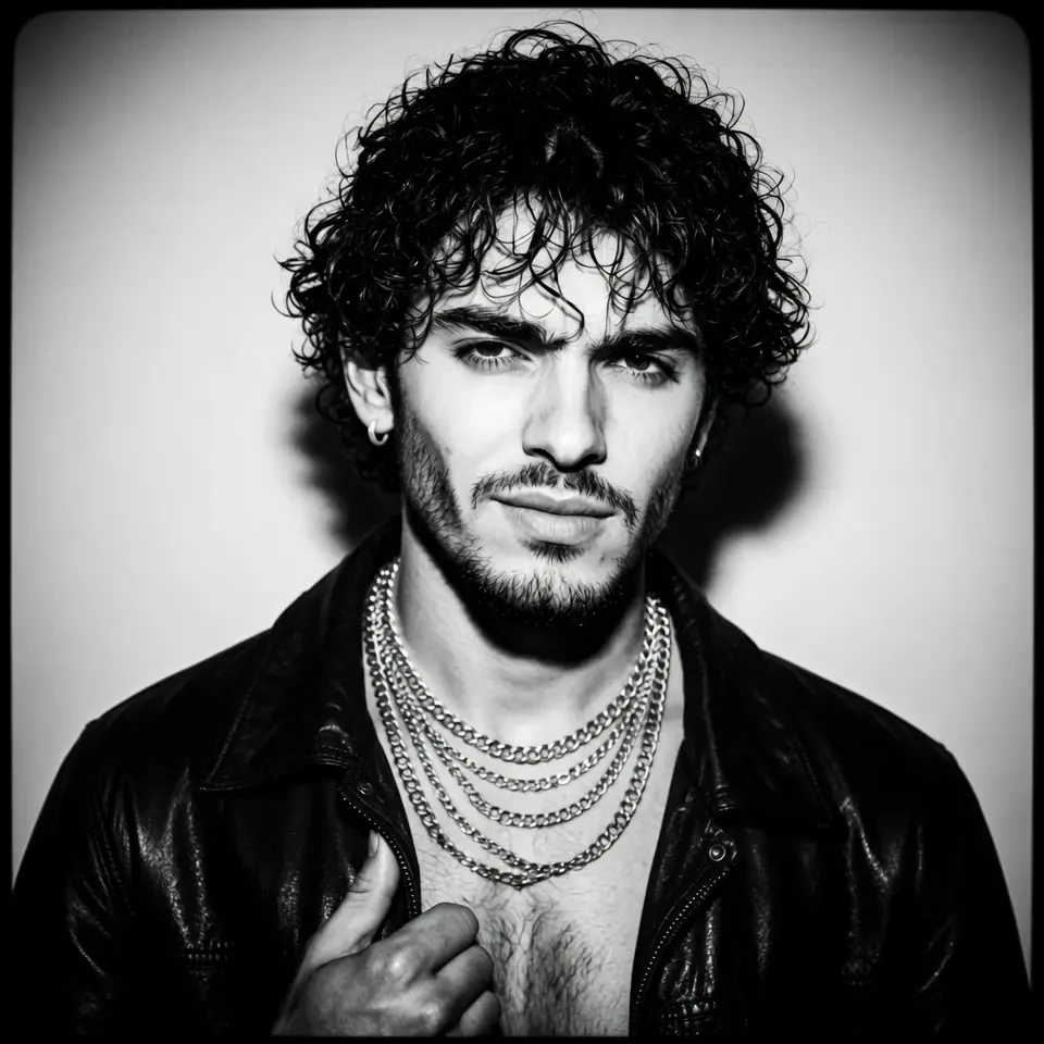 Teddy Wonder in a black leather jacket, photographed in black and white