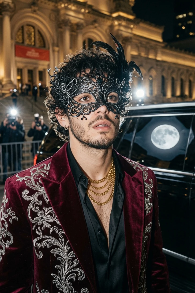 Teddy in an ornate black lace masquerade mask and embroidered burgundy velvet jacket with gold chains, outside a lit building at night with a full moon reflected in a car window