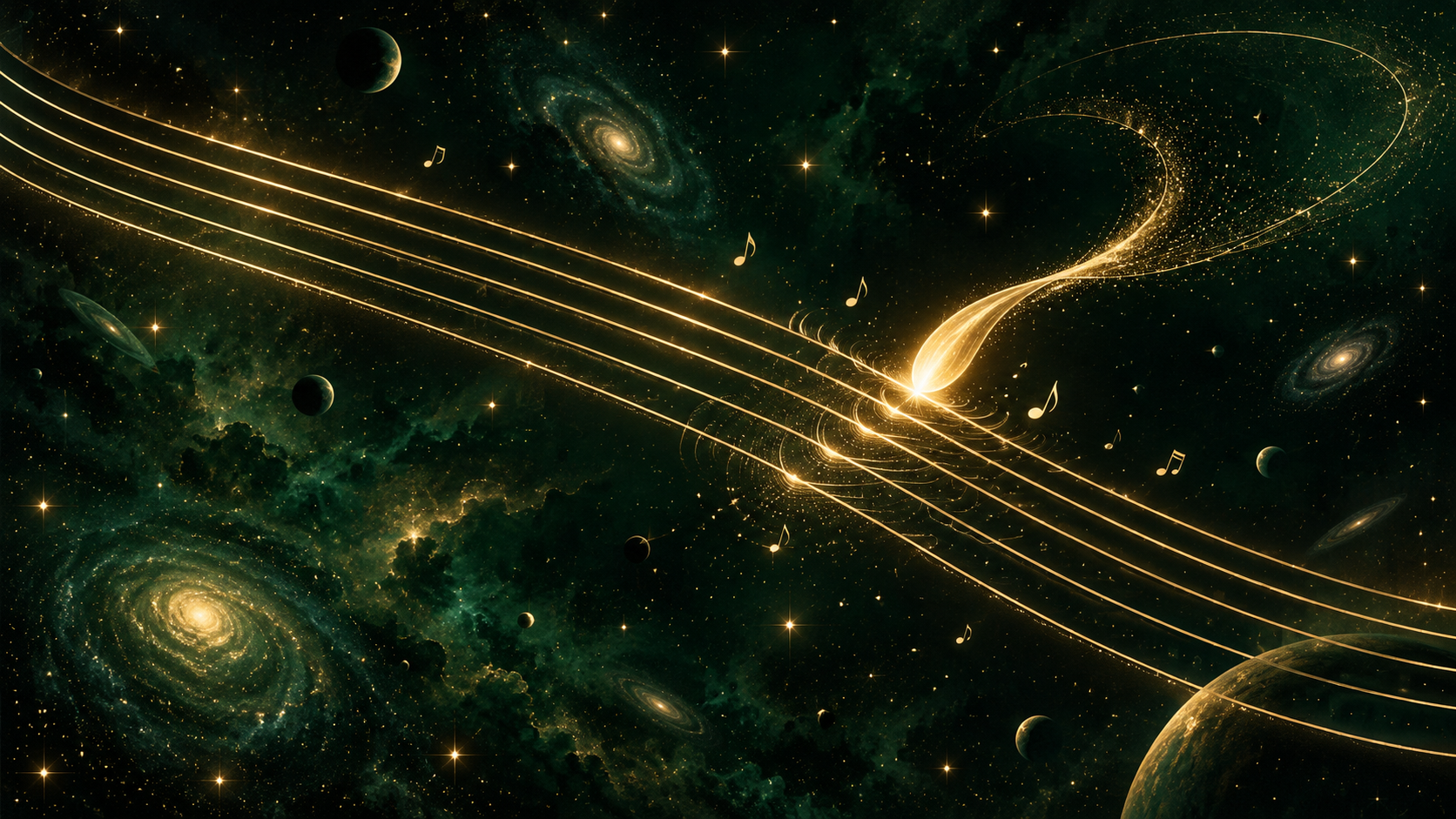 A glowing gold comet plucks luminous musical strings across a deep-green starfield, scattering sparks and music notes.
