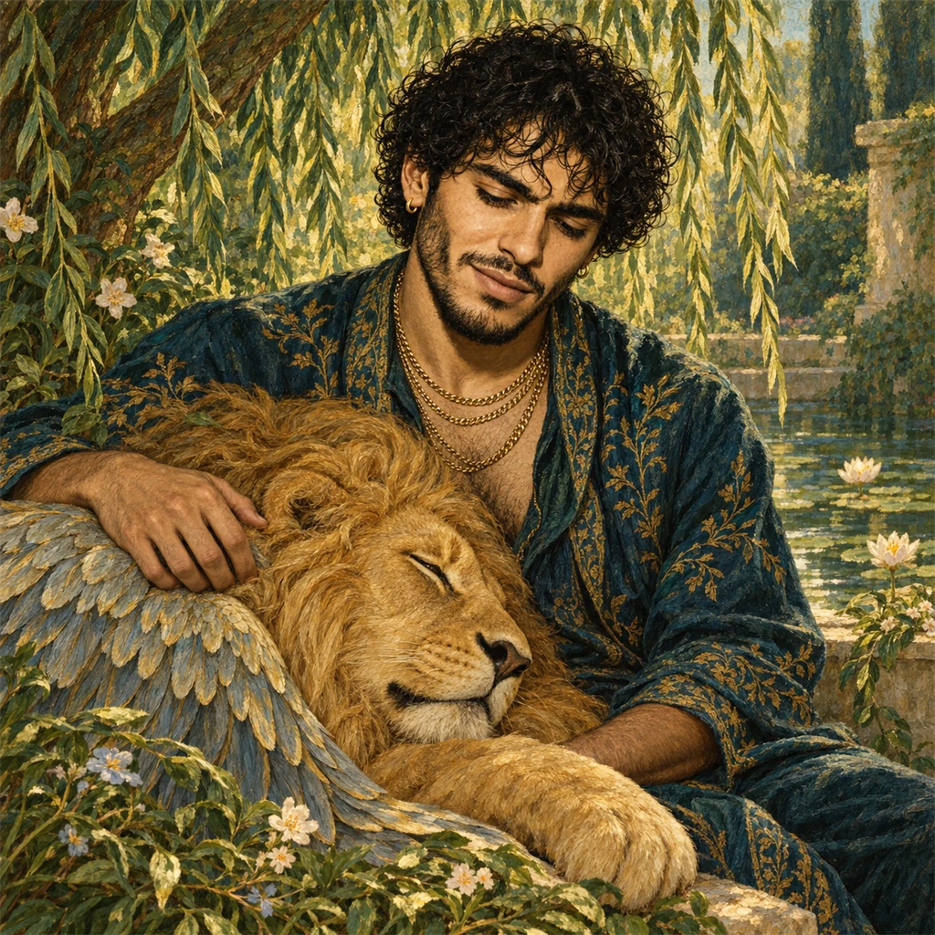 Teddy rests beside a sleeping winged lion in a painted willow garden