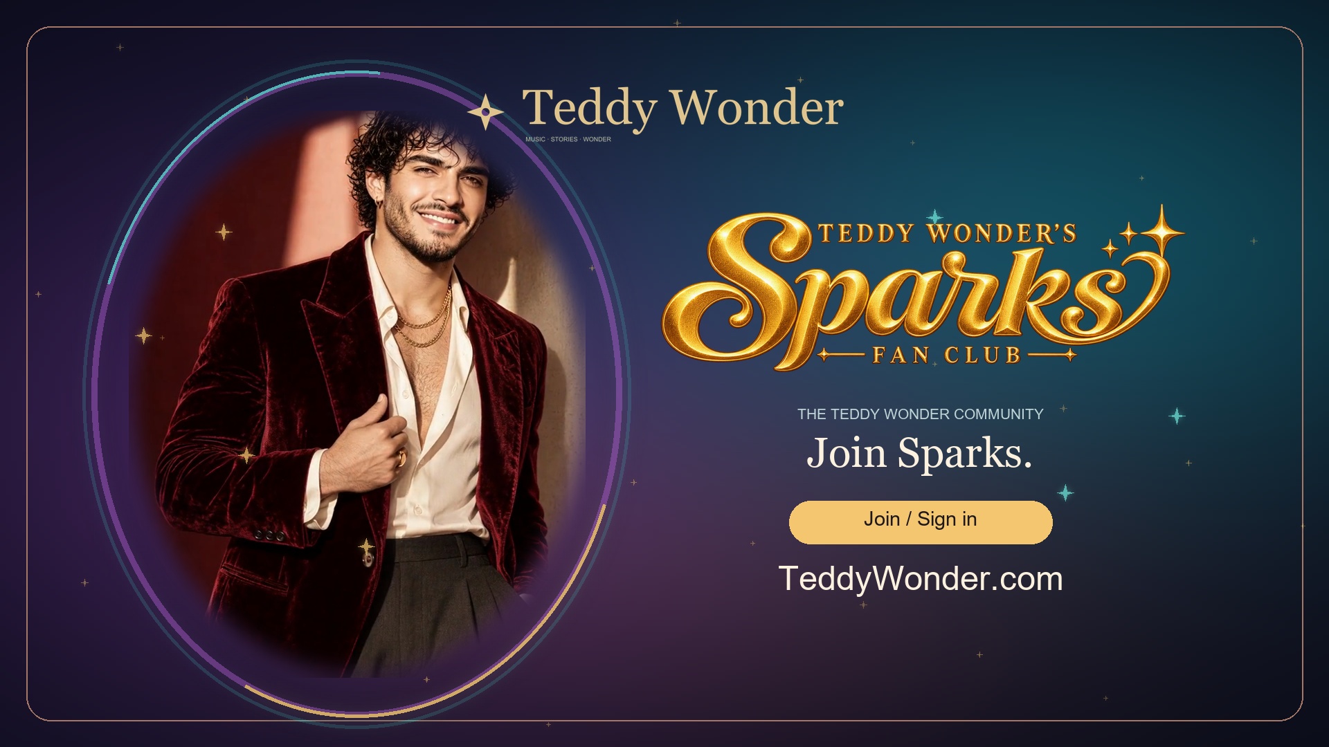 Full-color Teddy in a velvet jacket with colorful orbital light, musical stars, and the Sparks wordmark
