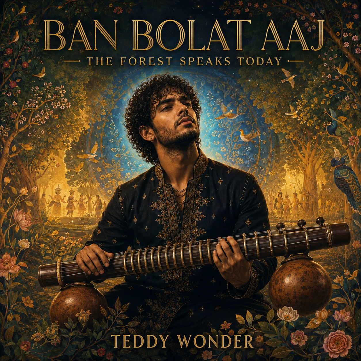 Teddy holds a long stringed instrument amid gold flowers and birds, with blue light behind him.