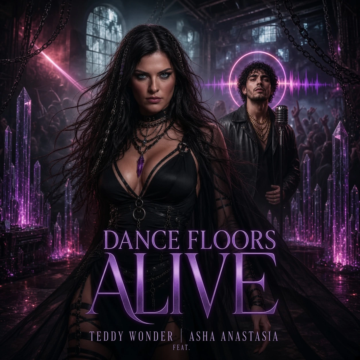 Asha stands in front of Teddy and a vintage microphone in a purple-lit industrial dance space.