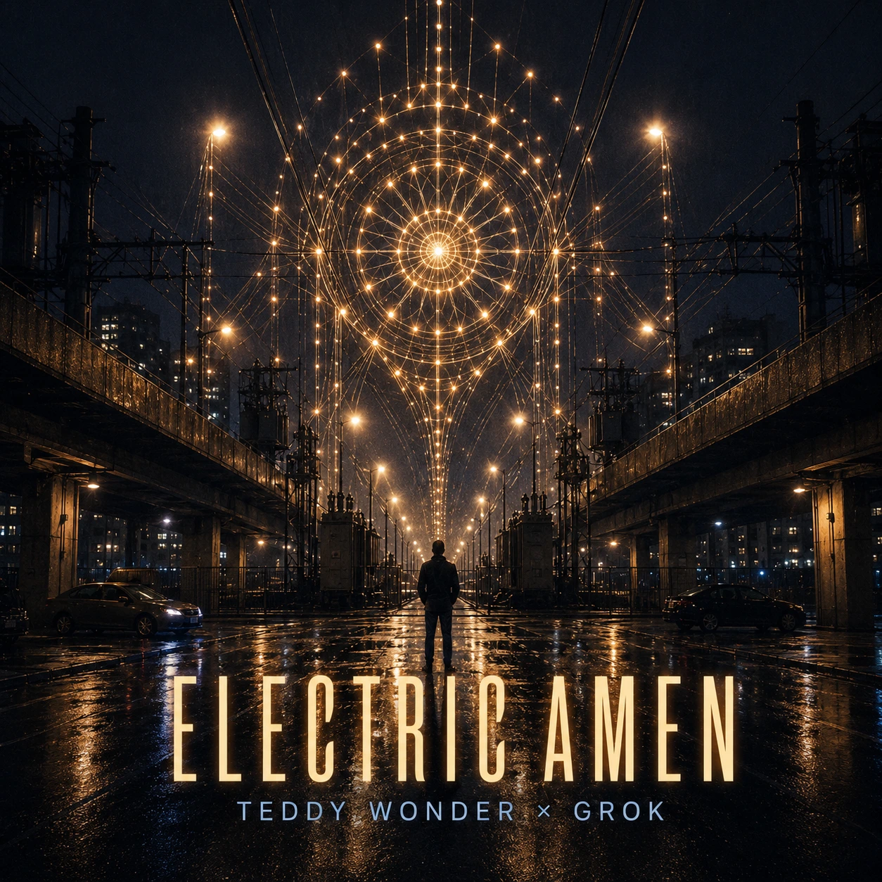 A lone figure stands under a vast gold circle of illuminated wires reflected in a wet city street.