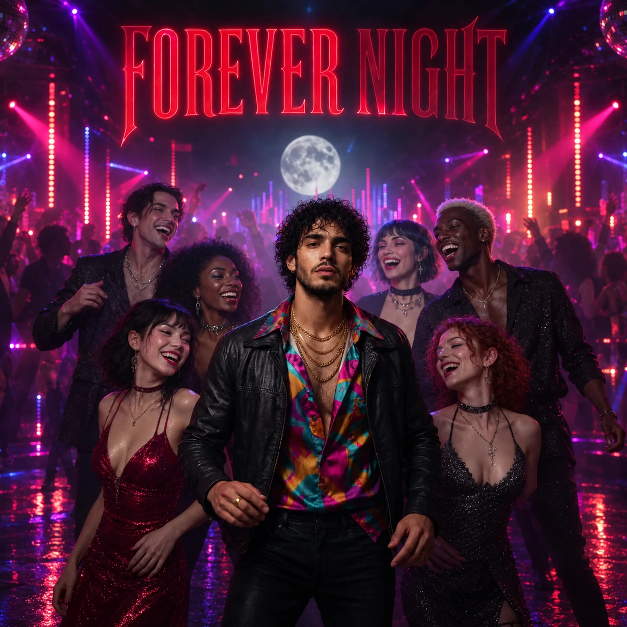 Teddy stands among smiling, fanged partygoers beneath a full moon and purple-red club lights.