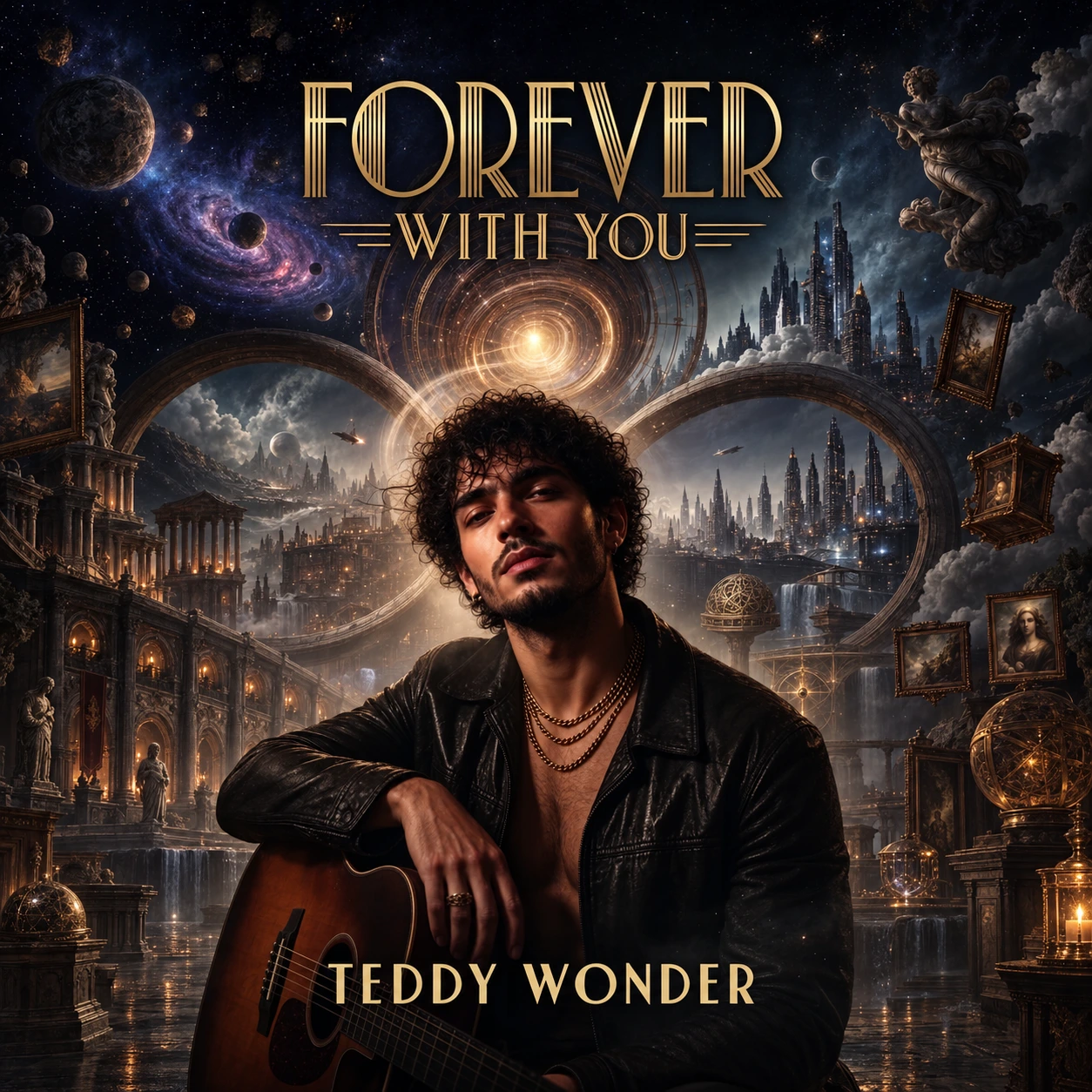 Teddy rests an arm on a guitar before fantastic cities, cosmic spirals, looping structures and framed art.