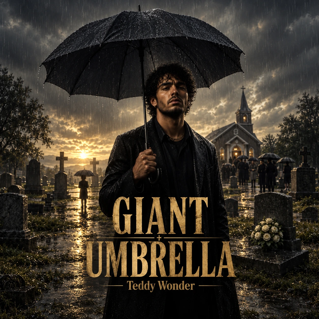 Teddy holds a broad black umbrella in a rainy cemetery, with a lit church and mourners behind him.