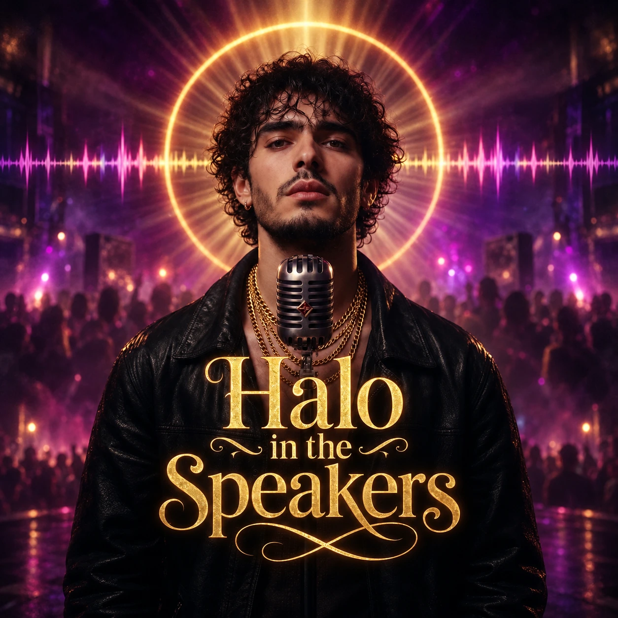 Portrait at a vintage microphone, with gold chains, a radiant gold halo, a pink waveform, and ornate gold song lettering.