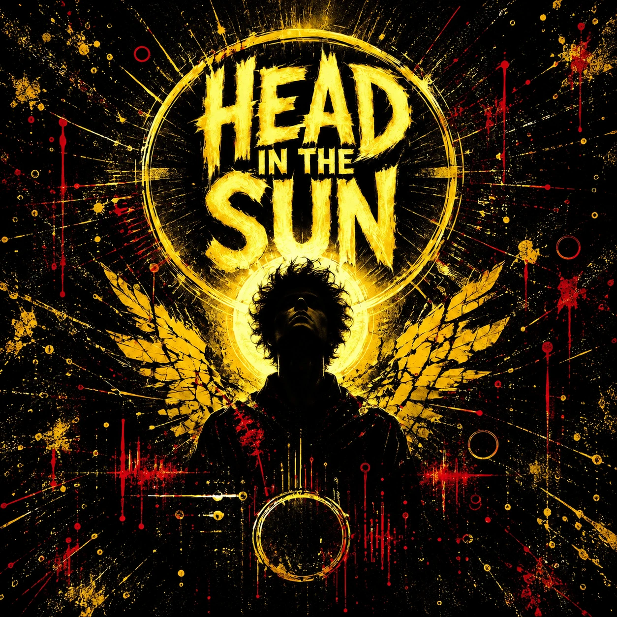 Shadowed figure beneath a yellow halo and rough yellow title, with winglike paint strokes and red marks on black.