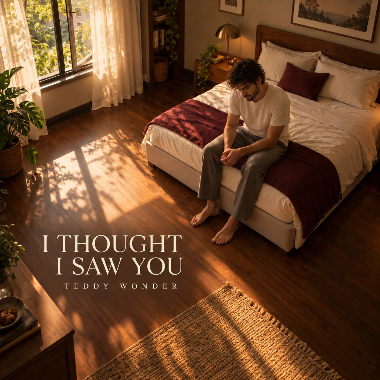 Barefoot figure sitting with head bowed on a bed in a sunlit bedroom with plants, books, a burgundy throw, and cream song lettering.