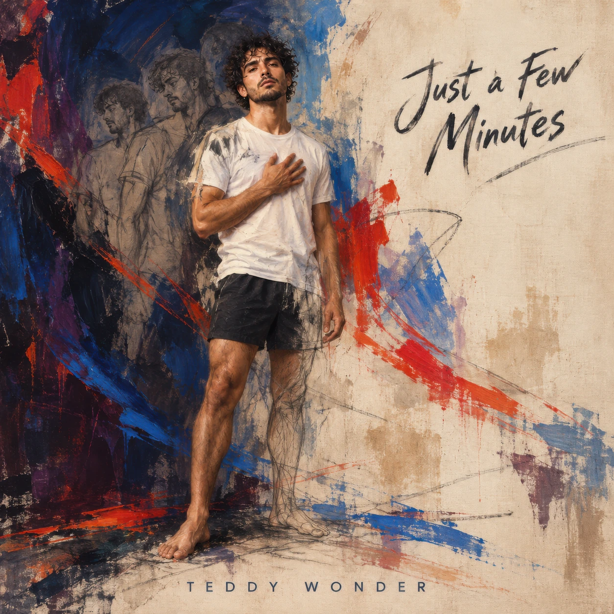 Square painted cover showing a barefoot figure with a hand on his chest, overlapping pencil outlines, and sweeping red and blue brushstrokes.