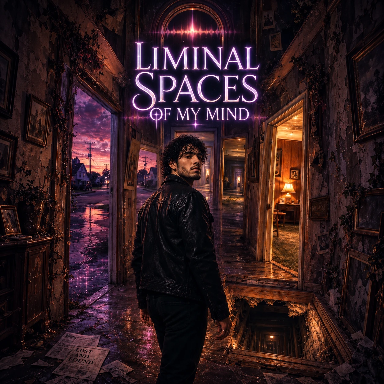 Figure looking back in a distorted hallway with doorways to a dusk street and a warm room, a dark floor opening, and glowing purple title lettering.
