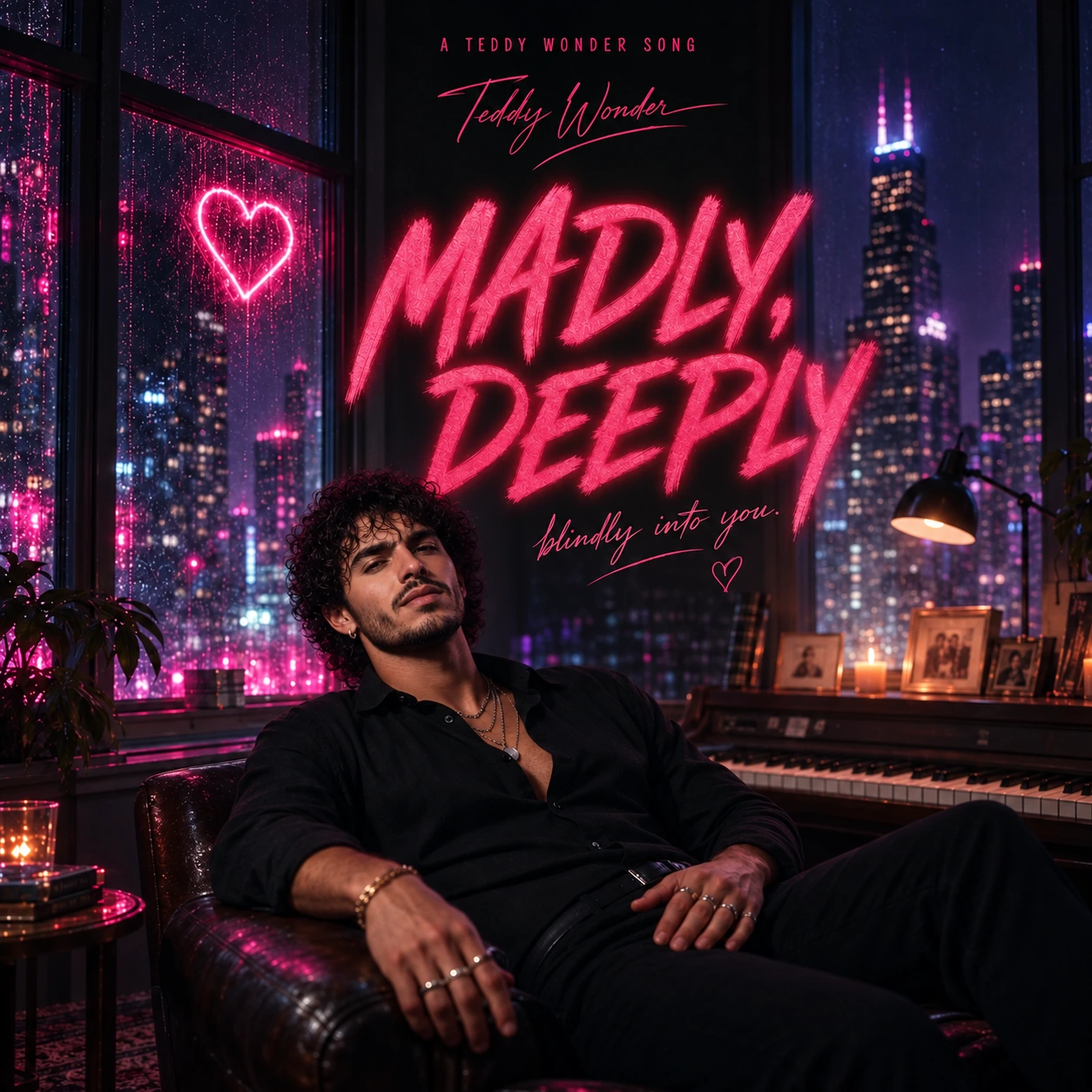 Reclining figure in black beside a keyboard and city windows, beneath pink Madly, Deeply lettering and a glowing heart.