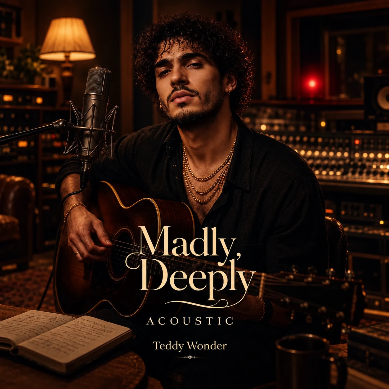 Close portrait with an acoustic guitar, studio microphone, gold chains, and an open notebook beneath cream Madly, Deeply Acoustic lettering.