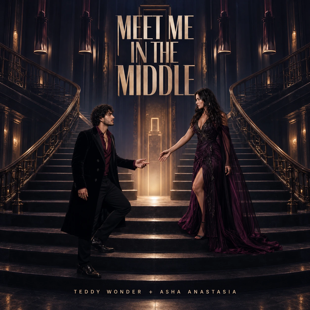 Teddy and Asha reach toward each other from different steps of a dark grand staircase with a glowing central opening.