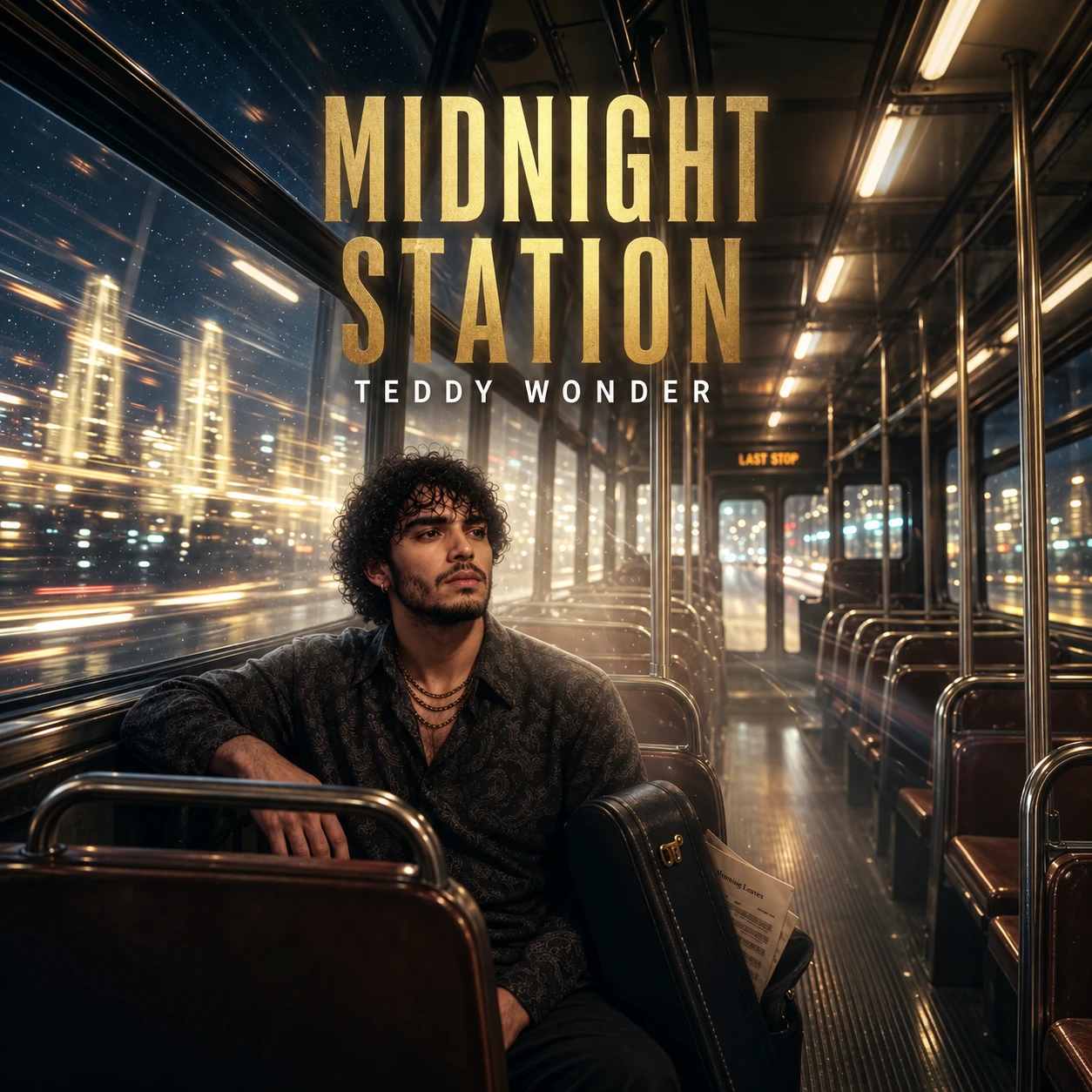 Teddy sits beside a hard case in a nearly empty night bus, with blurred city lights beyond the windows.