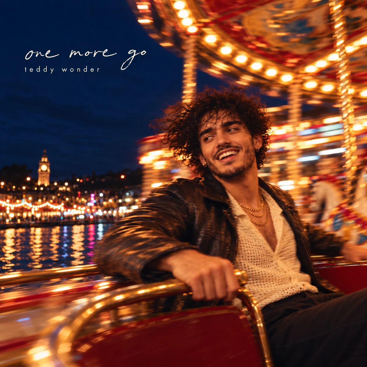 Teddy smiles from a red carousel seat amid blurred gold lights, with water and an illuminated clock tower behind him.