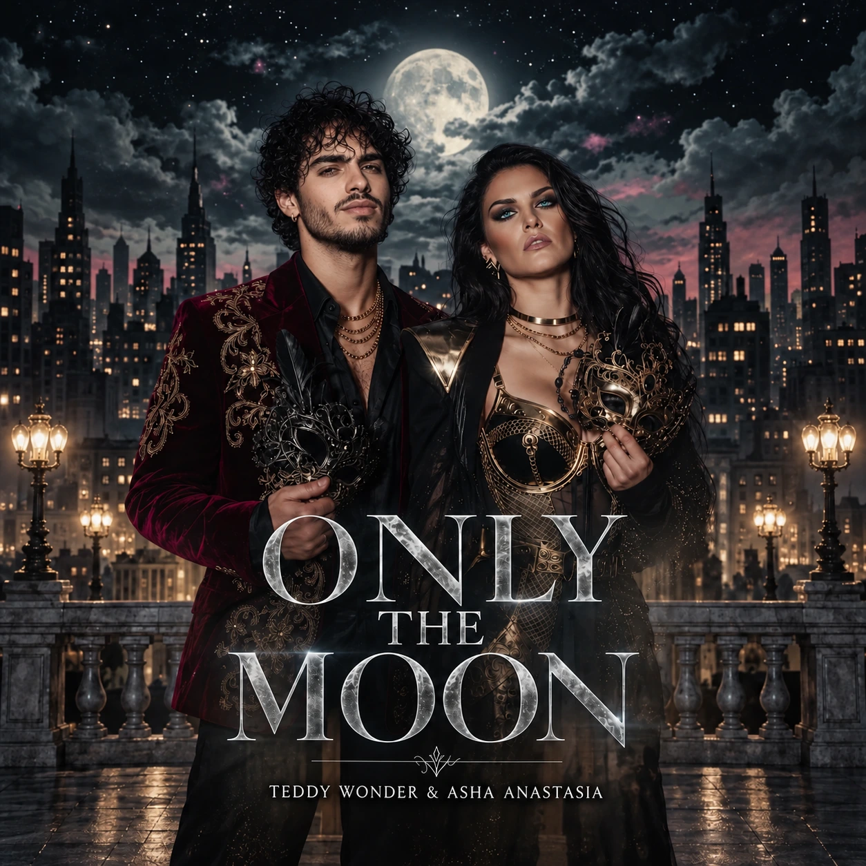 Teddy and Asha hold ornate masks below their uncovered faces beneath a full moon over a dark city skyline.