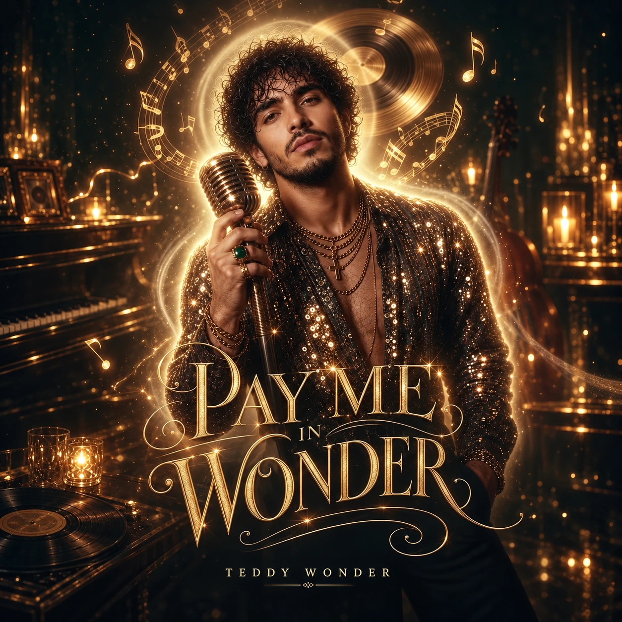 Teddy holds a vintage microphone in a sequined jacket and gold chains, framed by a glowing record, musical notes, and ornate gold lettering.