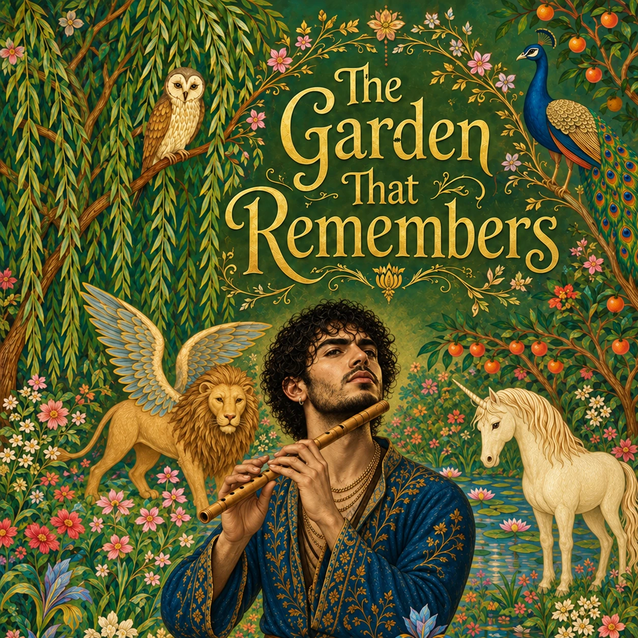 Teddy holds a wooden flute in a lush painted garden with a winged lion, white horse, owl, peacock, fruit, and flowers.