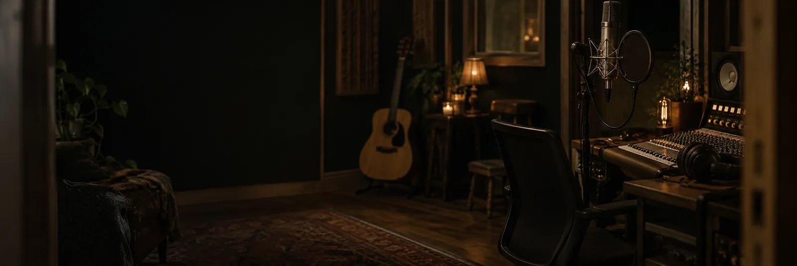 A microphone and an acoustic guitar in a warmly lit music studio.