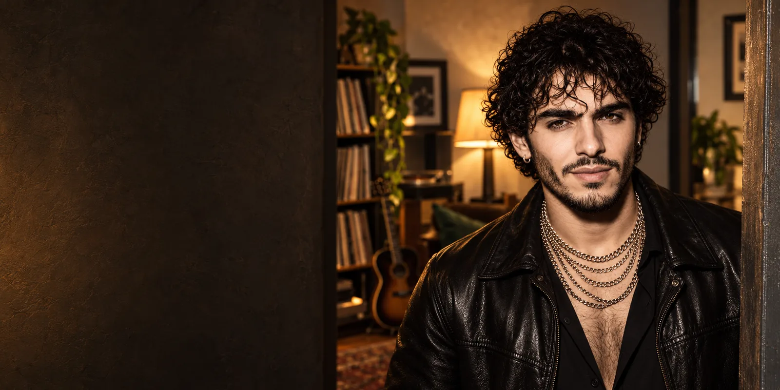 Teddy Wonder in a black leather jacket at the threshold of a warmly lit imagined apartment.